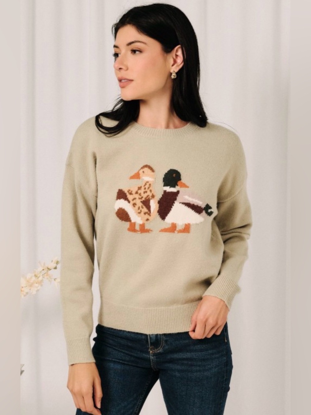Sage Crewneck Sweater with Duck Intarsia - Women